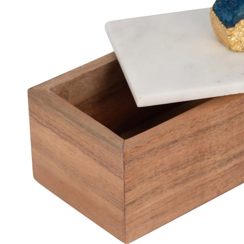 MARBLE, 7 BLUE AGATE CLUSTER & WOOD BASE BOX, NAT