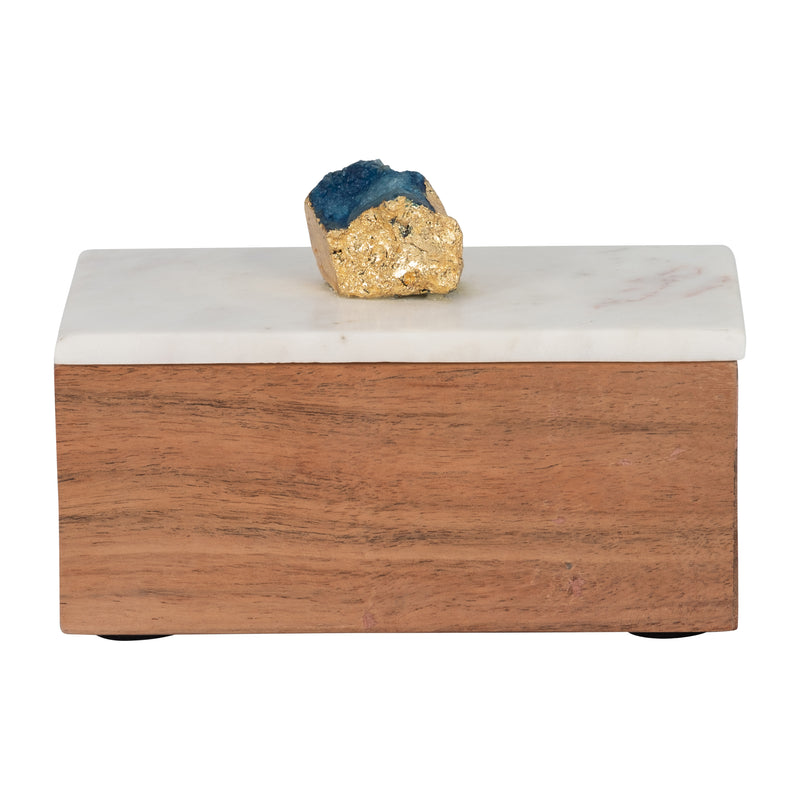 MARBLE, 7 BLUE AGATE CLUSTER & WOOD BASE BOX, NAT