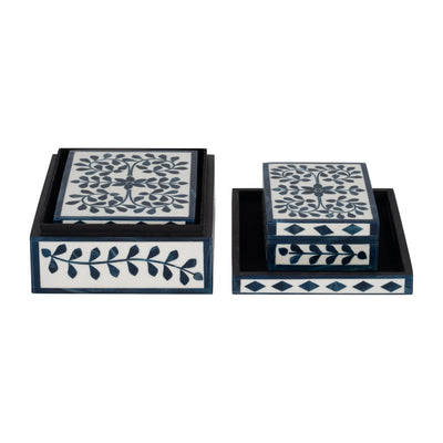 RESIN, S/3 6/7/9 BLUE PETALS BOXES, WHITE/BLUE