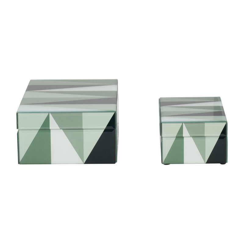 GLASS, S/2 8/11 TRIANGLES BOXES, GREEN/WHITE