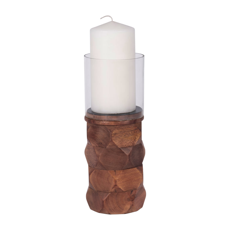 WOOD, 10 STACKED HEXAGON PILLAR HURRICANE, BROWN