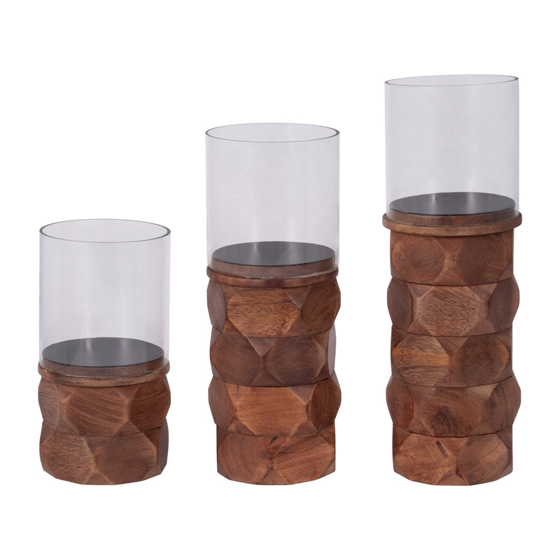 WOOD, 10 STACKED HEXAGON PILLAR HURRICANE, BROWN