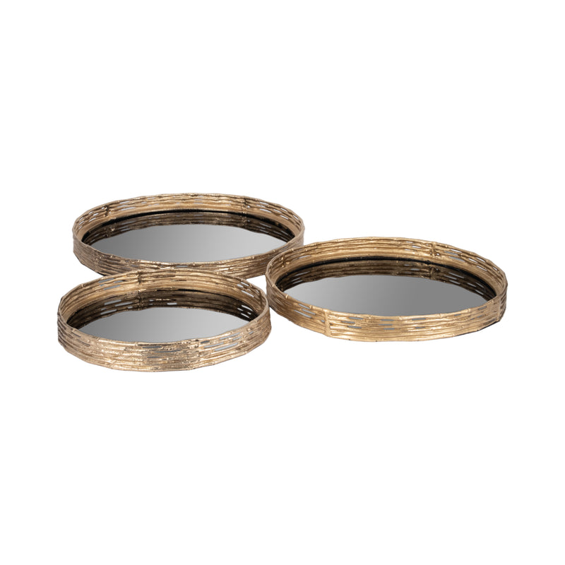 METAL, S/3 16/19/21 ROUND TRAYS, GOLD/BLACK