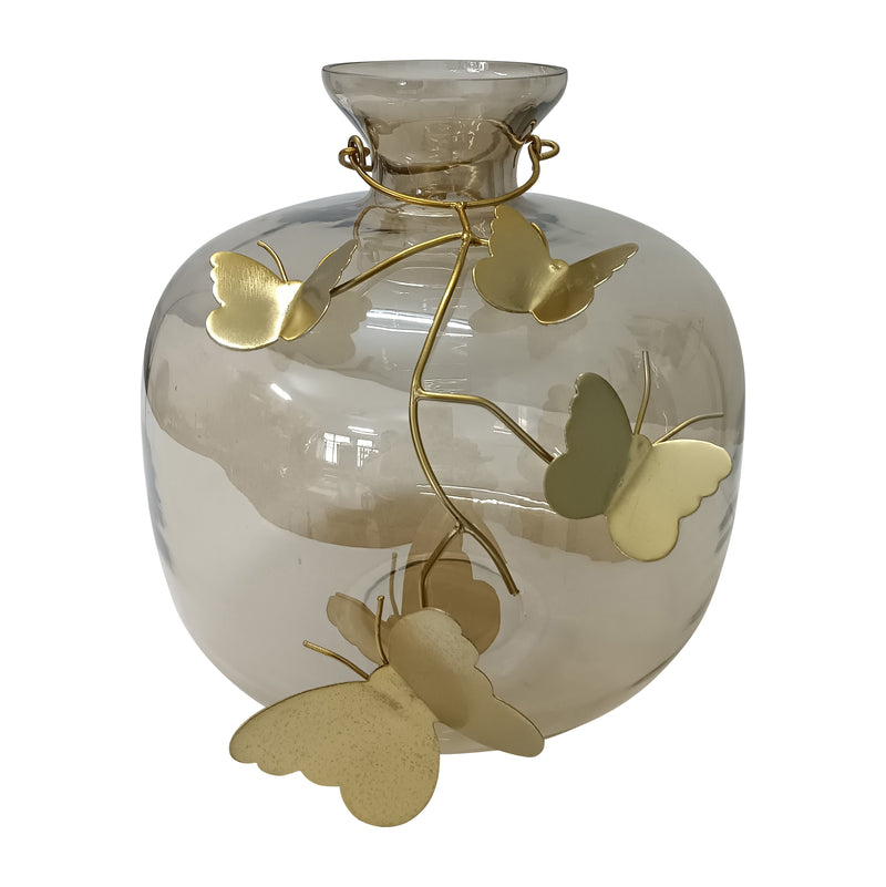 GLASS, 10 VASE W/ BUTTERFLY GARLAND, GOLD