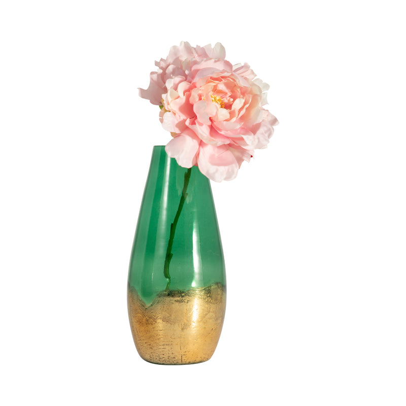 GLASS, 11 GOLD DIPPED VASE, GREEN