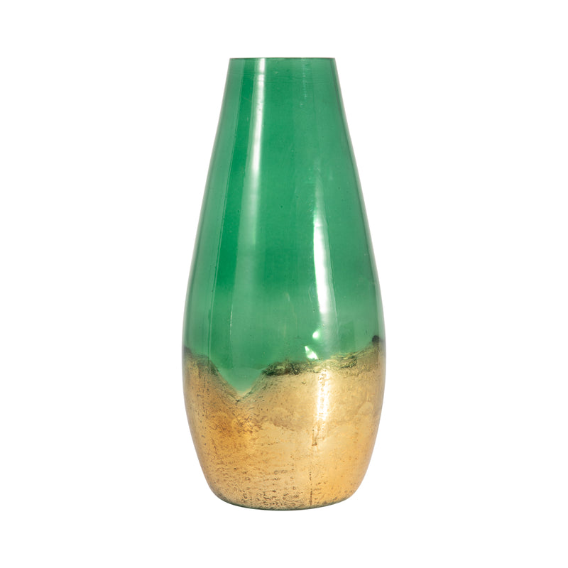 GLASS, 11 GOLD DIPPED VASE, GREEN