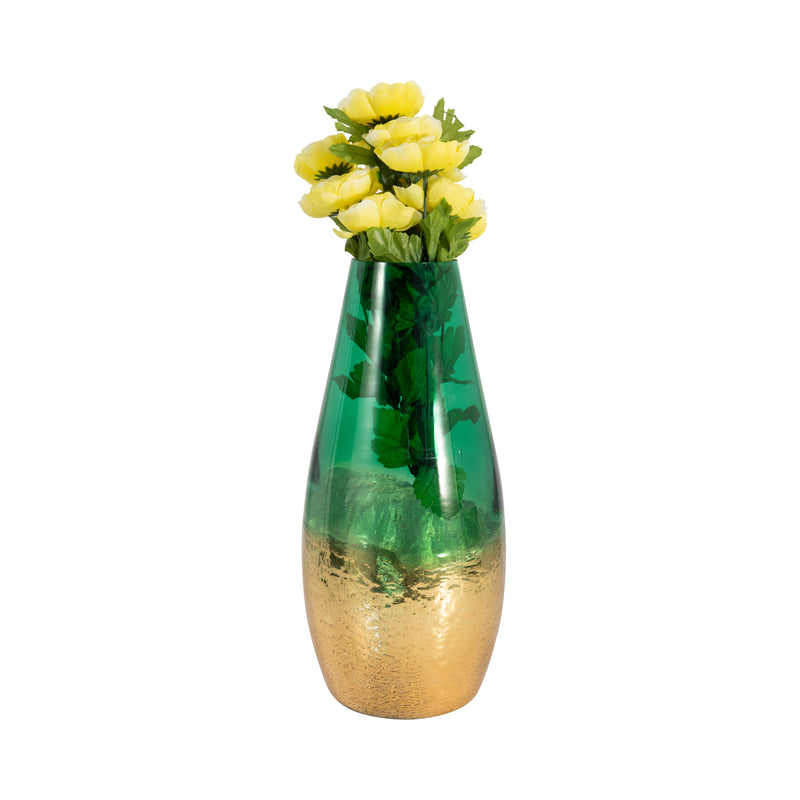 GLASS, 15 GOLD DIPPED VASE, GREEN