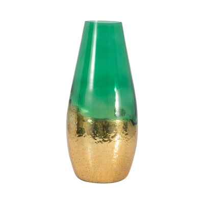 GLASS, 15 GOLD DIPPED VASE, GREEN