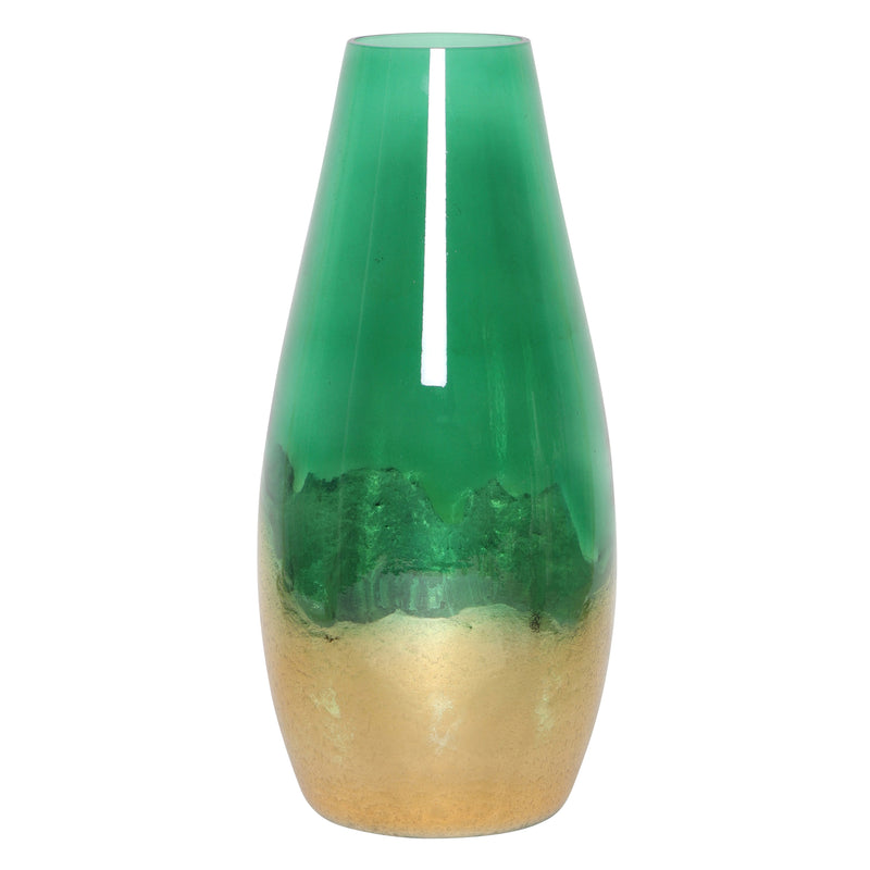 GLASS, 15 GOLD DIPPED VASE, GREEN