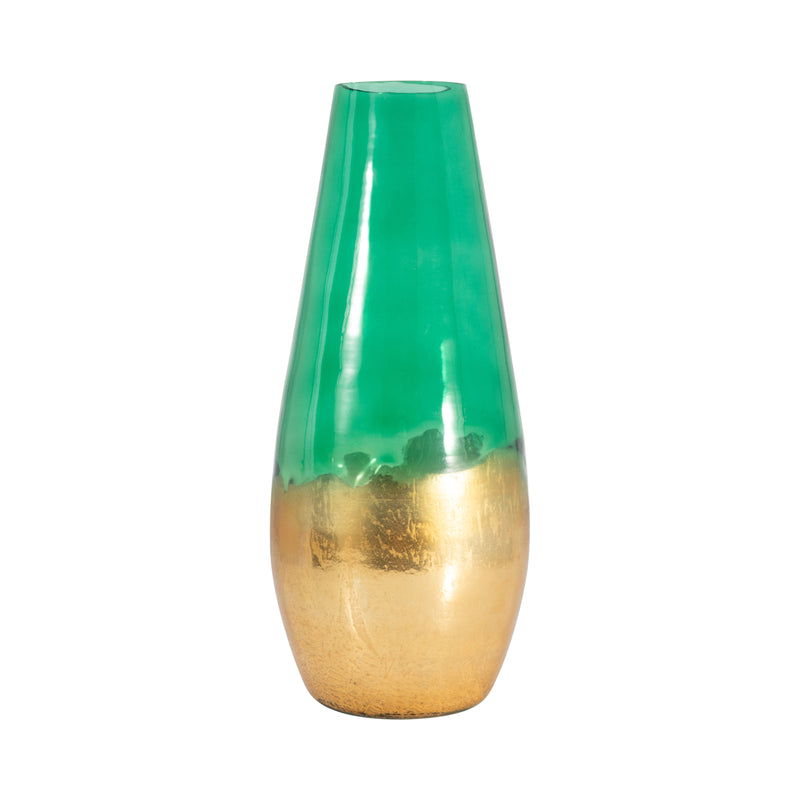 GLASS, 19 GOLD DIPPED VASE, GREEN