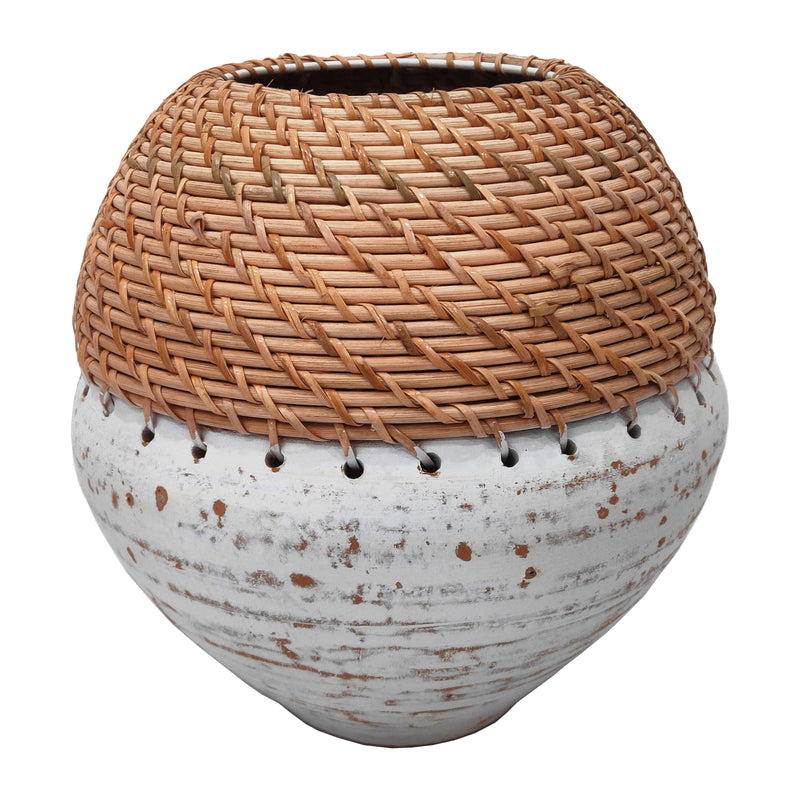 CLAY, 9 VASE WITH WOVEN TOP, WHITE/NATURAL