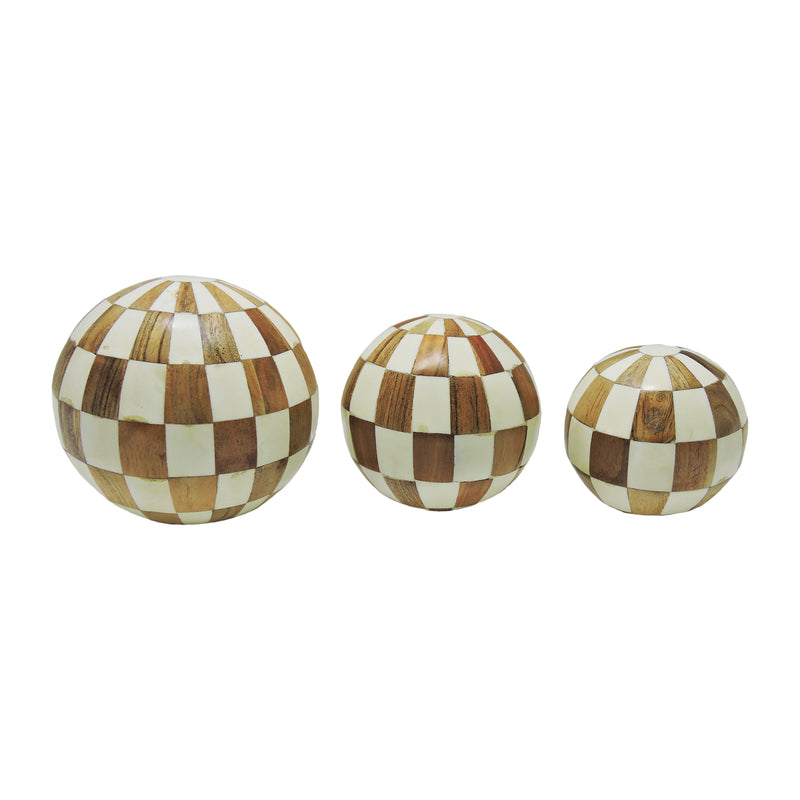 RESIN, S/3 4/5/6 CHECKERED ORBS, IVORY/NATURAL