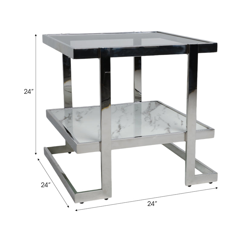 METAL/MARBLE GLASS, SIDE TABLE, SILVER/WHITE