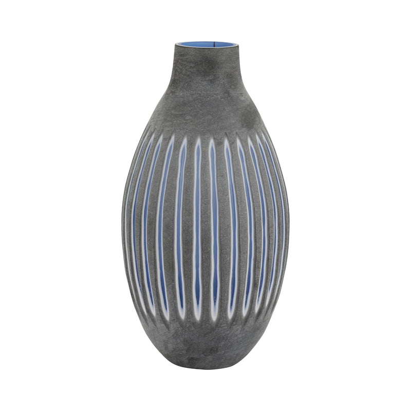 GLASS, 17 RIDGED VASE, BLUE/GRAY