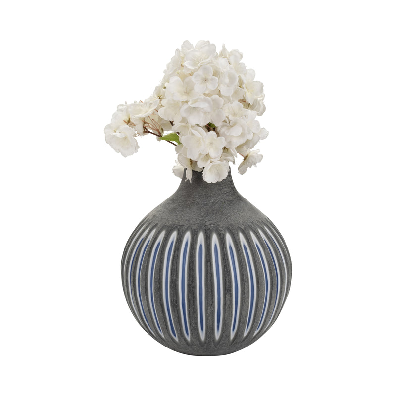 GLASS, 12 RIDGED VASE, BLUE/GRAY