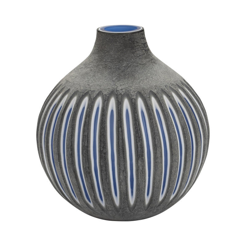 GLASS, 12 RIDGED VASE, BLUE/GRAY