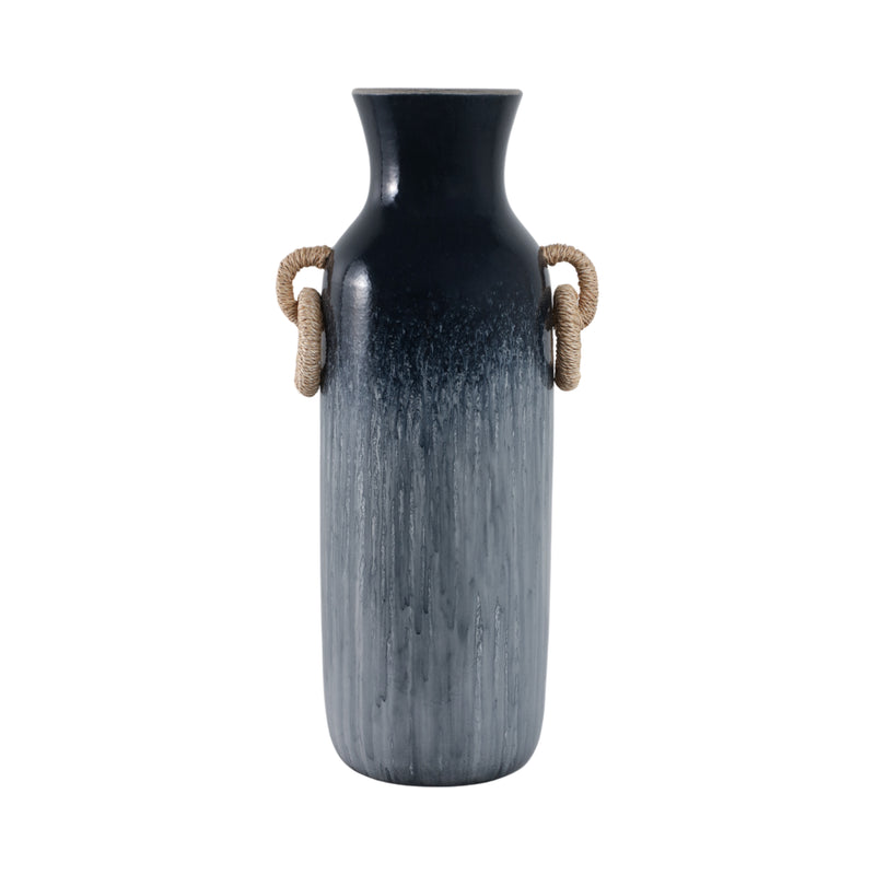 24 Vase With Rattan Handles Reactive Finish, Blue