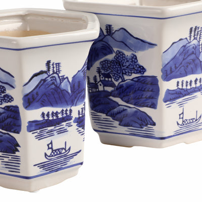 Cer, S/2 6/8 Chinoiserie Planters, Blue/white