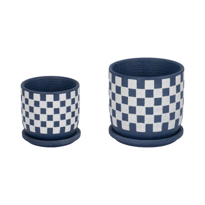 S/2 5/6 Checkerboard Saucer Planters, Blue/white