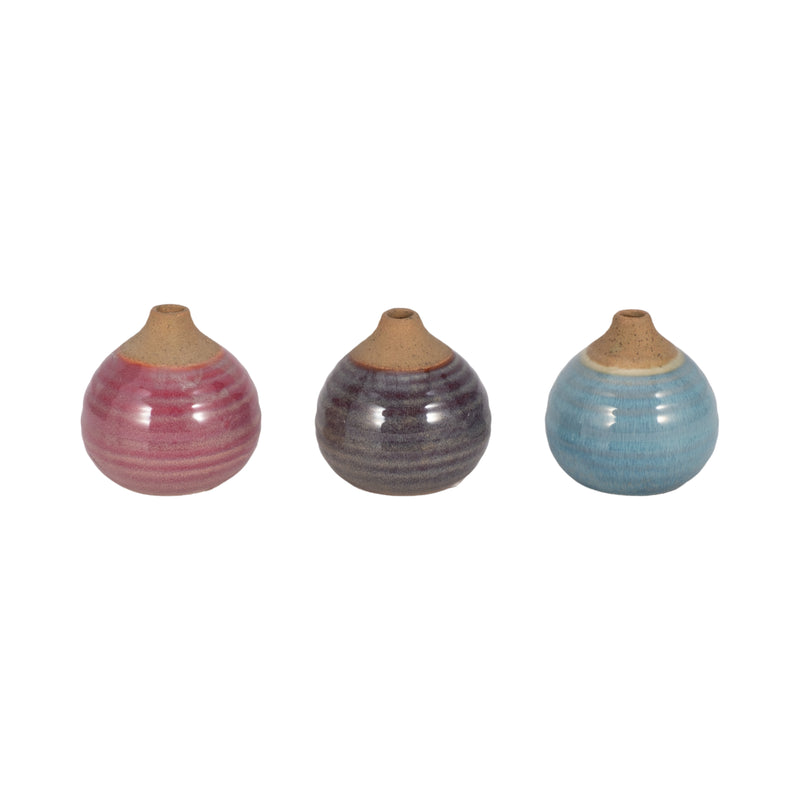 S/3 GLAZED BUD VASES, PURPLE/BLUE/PINK