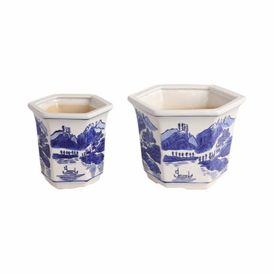 Cer, S/2 6/8 Chinoiserie Planters, Blue/white