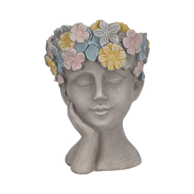 14 Face Planter With Flower Crown, Grey/multi