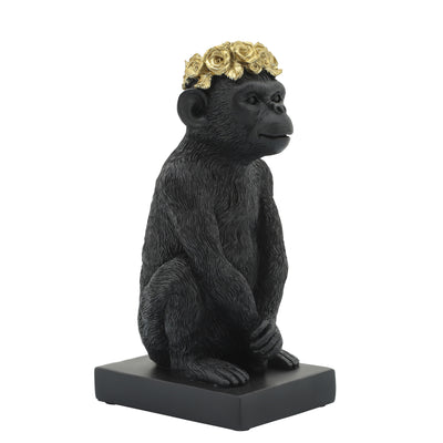 RES, 8 MONKEY FLOWER CROWN FIGURINE,  BLK/GLD