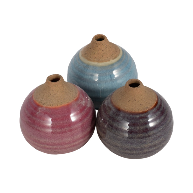 S/3 GLAZED BUD VASES, PURPLE/BLUE/PINK