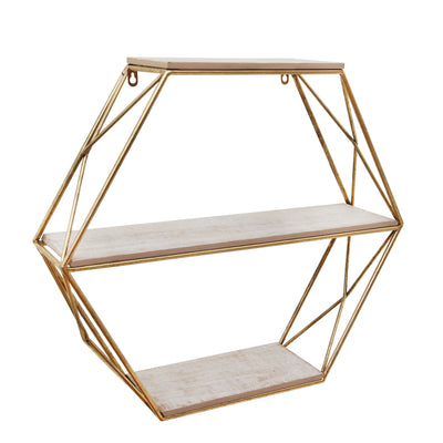 METAL / WOOD 3 TIER HEXAGON WALL SHELF, GOLD