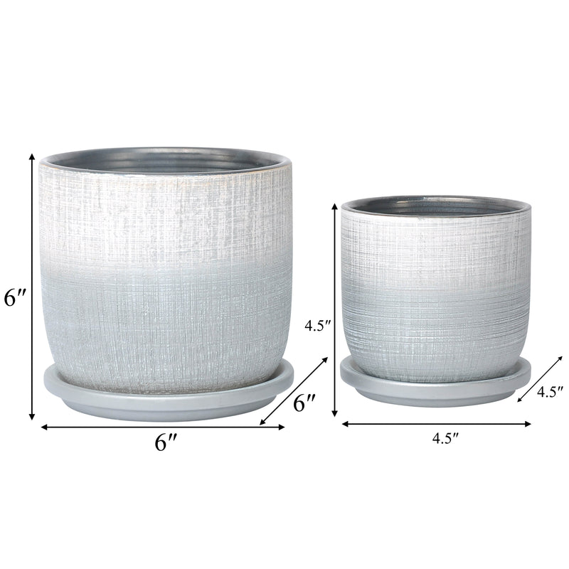 S/2 5/6 TEXTURED PLANTER WITH SAUCER, SILVER