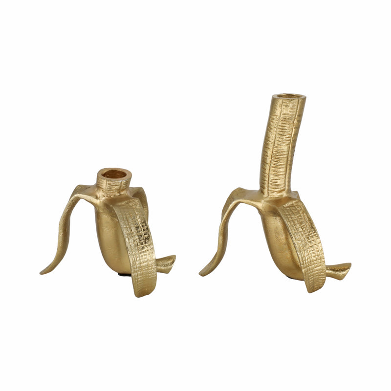 Metal, S/2 6 Banana Taper Candle Holders, Gold