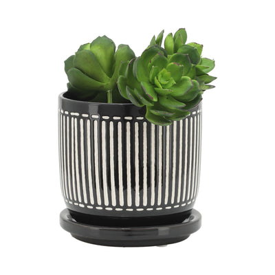 S/2 5/6 VERTICAL LINES PLANTER W/ SAUCER, BLACK