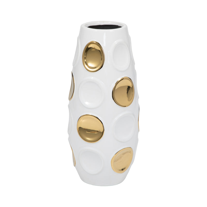 Stoneware, 13 Circle Embossed Vase, White/gold