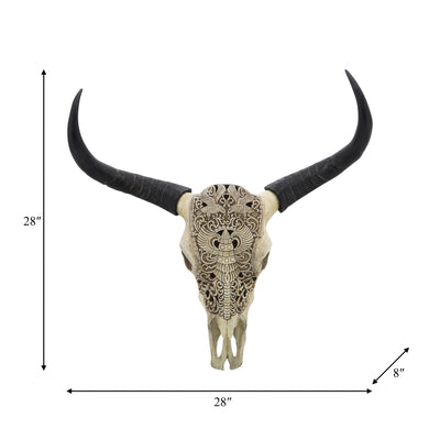 RESIN, 28 BULL SKULL WALL ACCENT, IVORY/BLACK KD