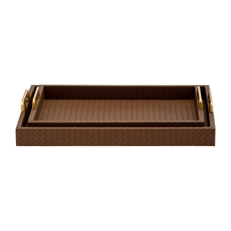 S/2 16/18L FAUX LEATHER WEAVE TRAYS, COGNAC