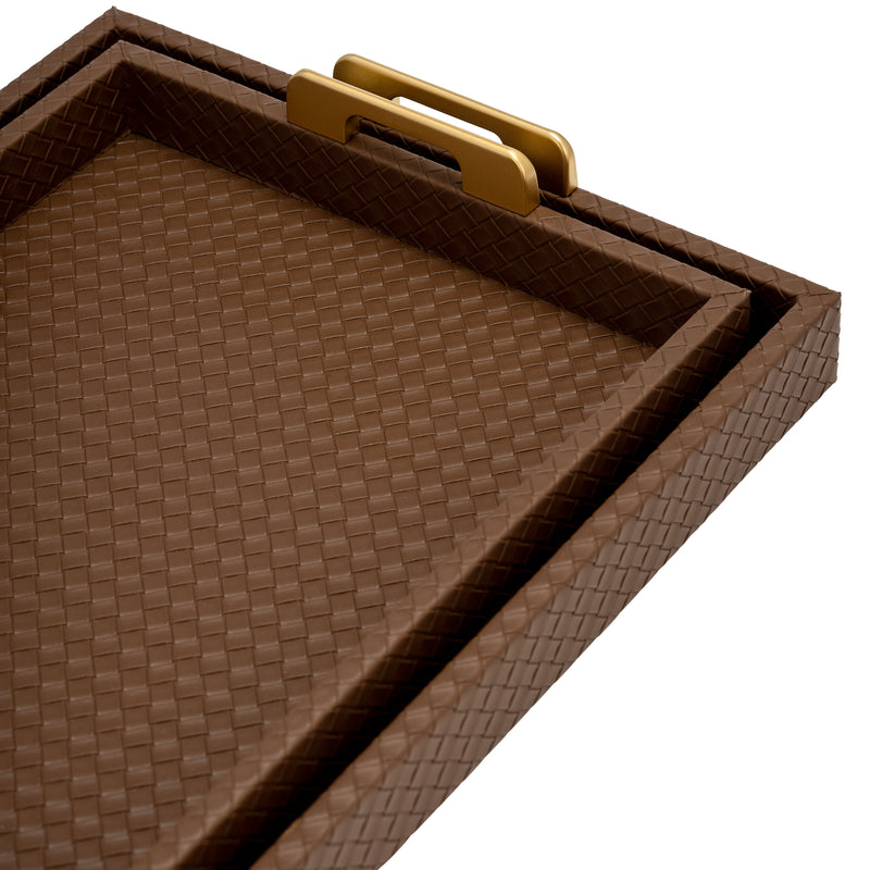 S/2 16/18L FAUX LEATHER WEAVE TRAYS, COGNAC