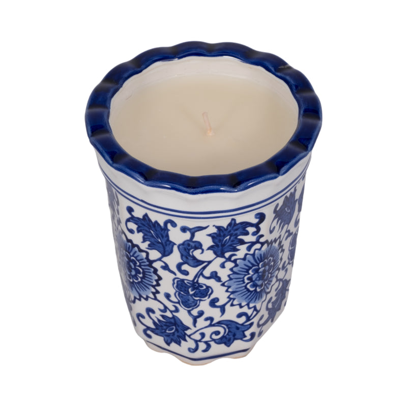 4, 7oz Fluted Chinoiserie Candle , Blue/white