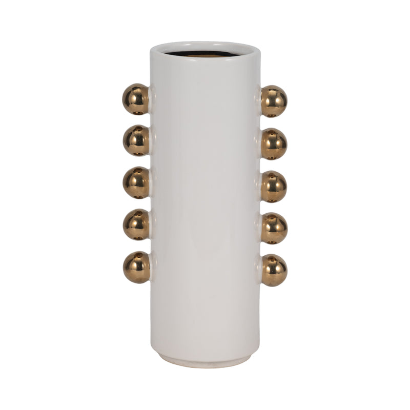 Cer, 13 Vase W/ Side Knobs, White/gold