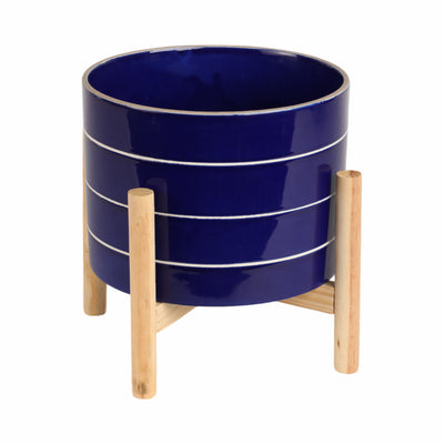 8 STRIPED PLANTER W/ WOOD STAND, NAVY