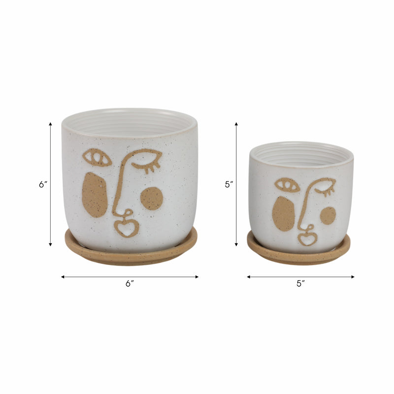 S/2 5/6 FUNKY FACE PLANTER W/ SAUCER, BEIGE