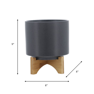 8 PLANTER W/ WOOD STAND, MATTE GRAY