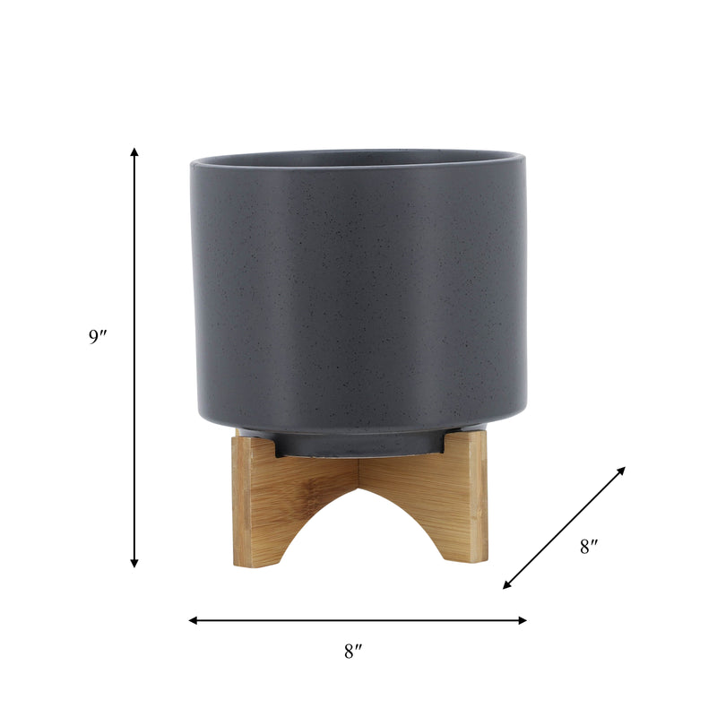 8 PLANTER W/ WOOD STAND, MATTE GRAY