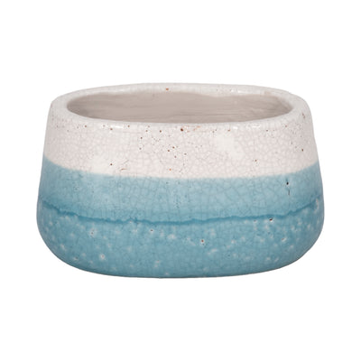 7 Oval Reactive Crackle Finish Planter, Blue/whit