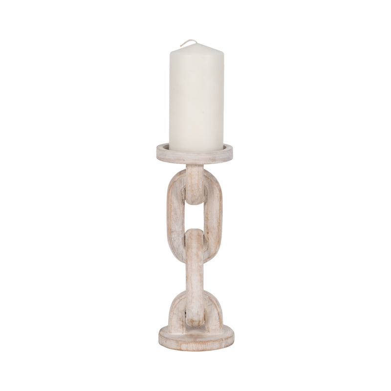 Wood, 11 Chain Pillar Candle Holder, White