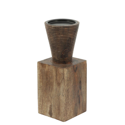 Wood, 10H, Geometric Candle Holder, Brown