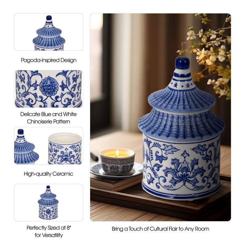 8 9oz Plumeria Chinoiserie Pagoda Candle,blu/wht