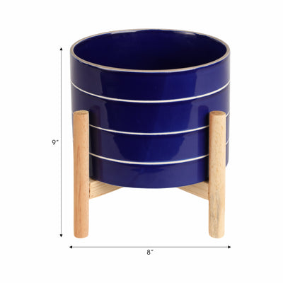 8 STRIPED PLANTER W/ WOOD STAND, NAVY