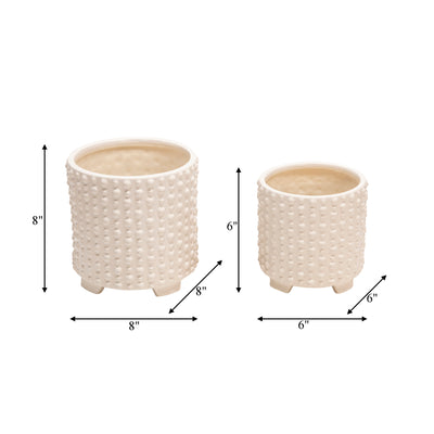 S/2 CERAMIC 6/8 FOOTED PLANTERS W/ DOTS, WHITE