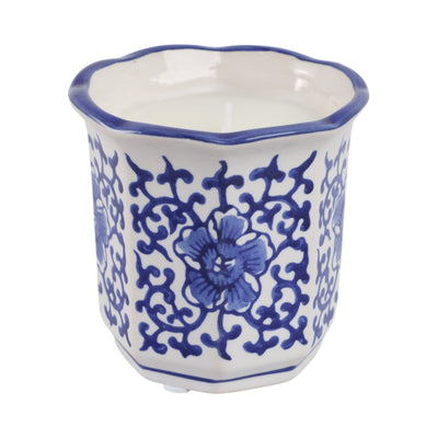 4, 6oz Fluted Chinoiserie Candle , Blue/white