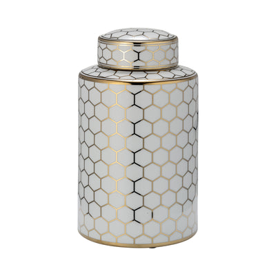 CER, 12 HONEYCOMB JAR W/ LID, GOLD